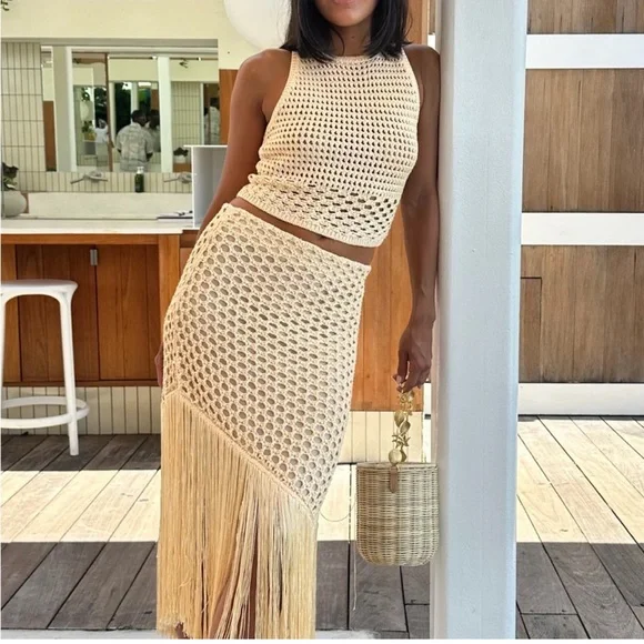 NWT A.L.C LEONA ASYMMETRIC FRINGE CROCHET SKIRT- SIZE M - Picture 3 of 9